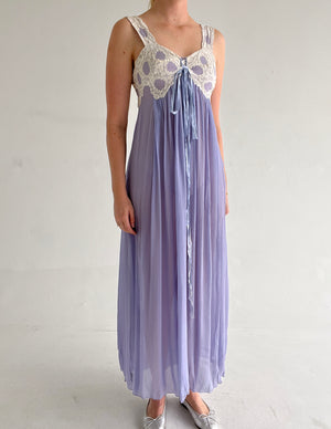 1930's Periwinkle Blue Silk Chiffon Dress with White Lace