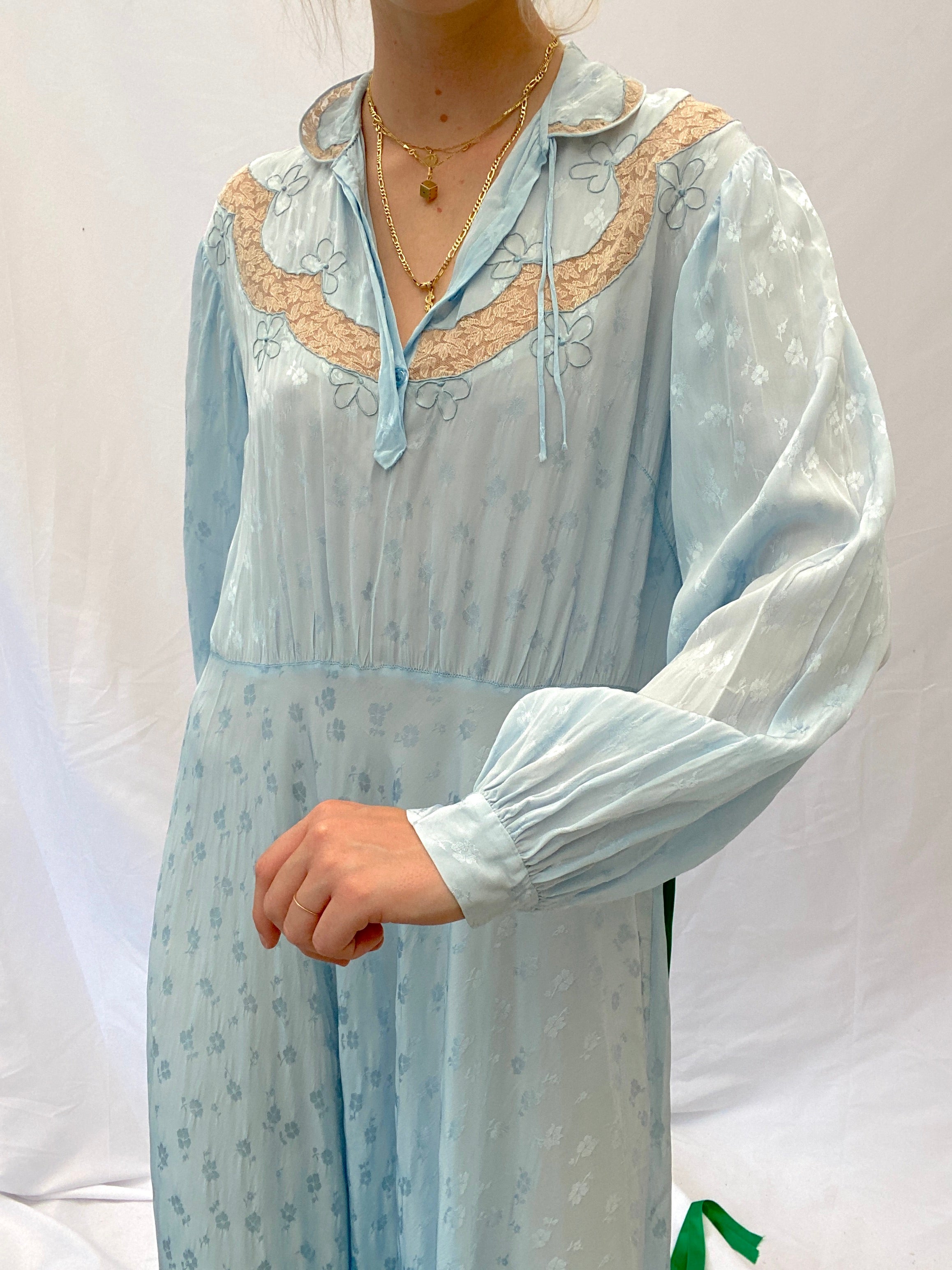 1940's Sky Blue Embossed Silk Dress