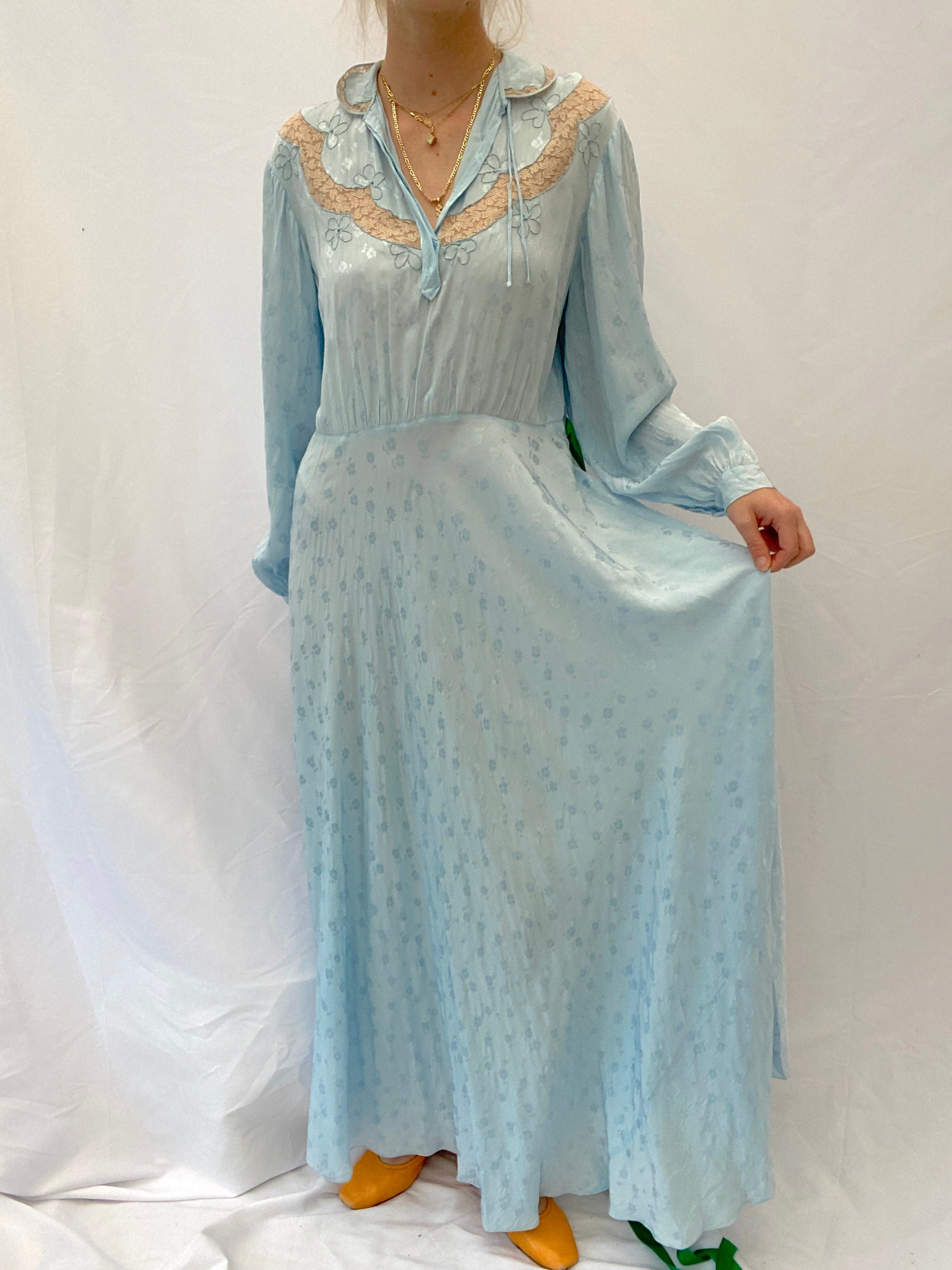 1940's Sky Blue Embossed Silk Dress