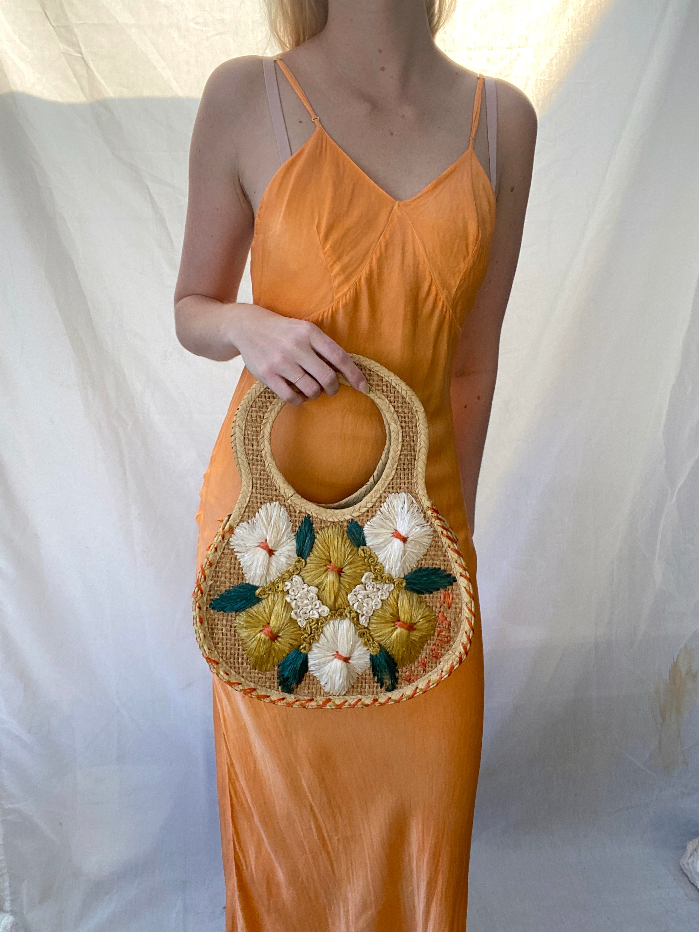 1960's Floral Top Handle Straw Bag