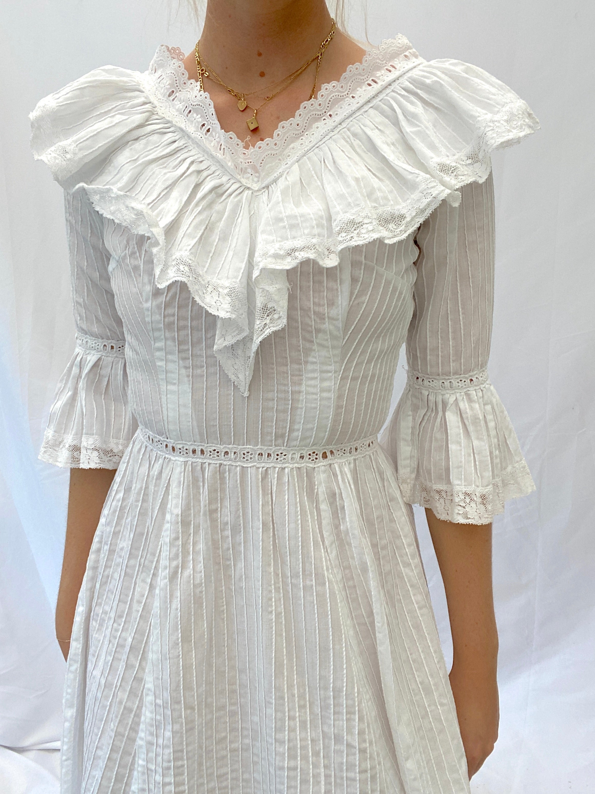1970's White Cotton Mexican Wedding Dress with Large Ruffle