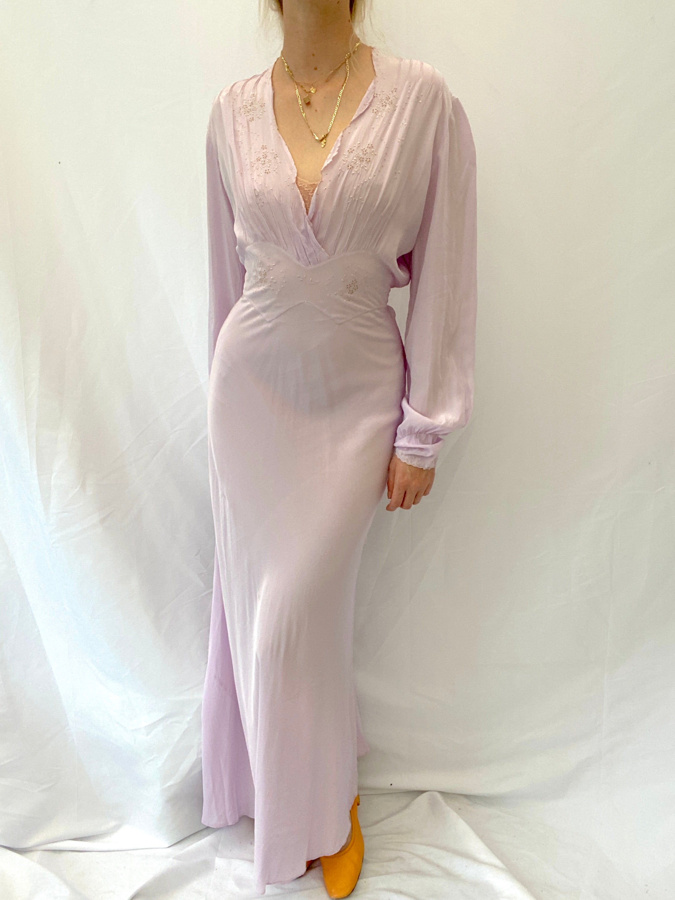 1930's Lavender Hand Embroidered Silk Dress