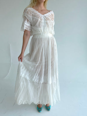 Antique 1920's White Embroidered Net Gown