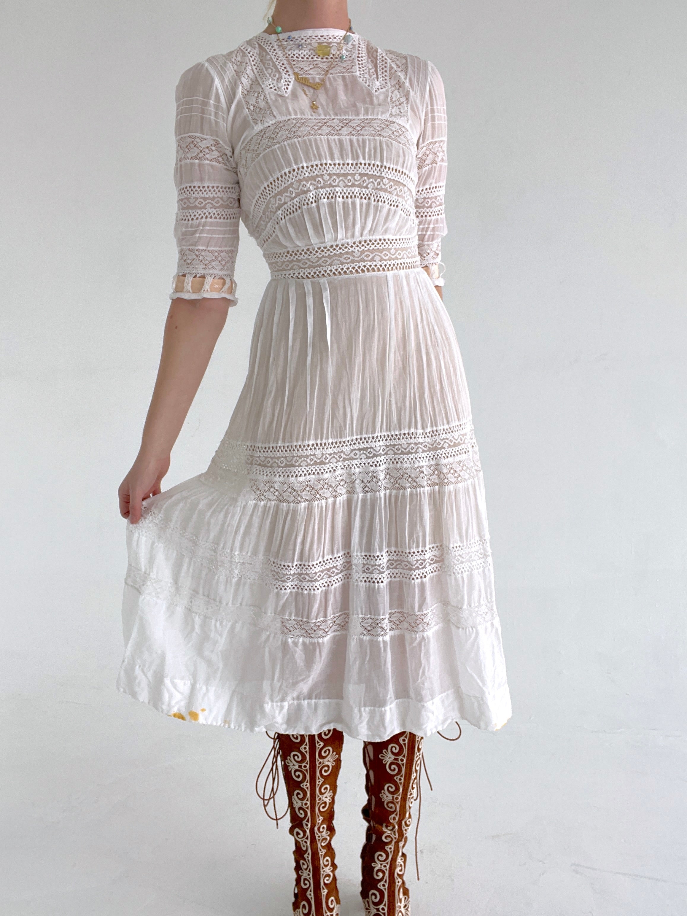 Edwardian 3/4 Sleeve White Cotton Lace Lawn Dress – Eveliina Vintage