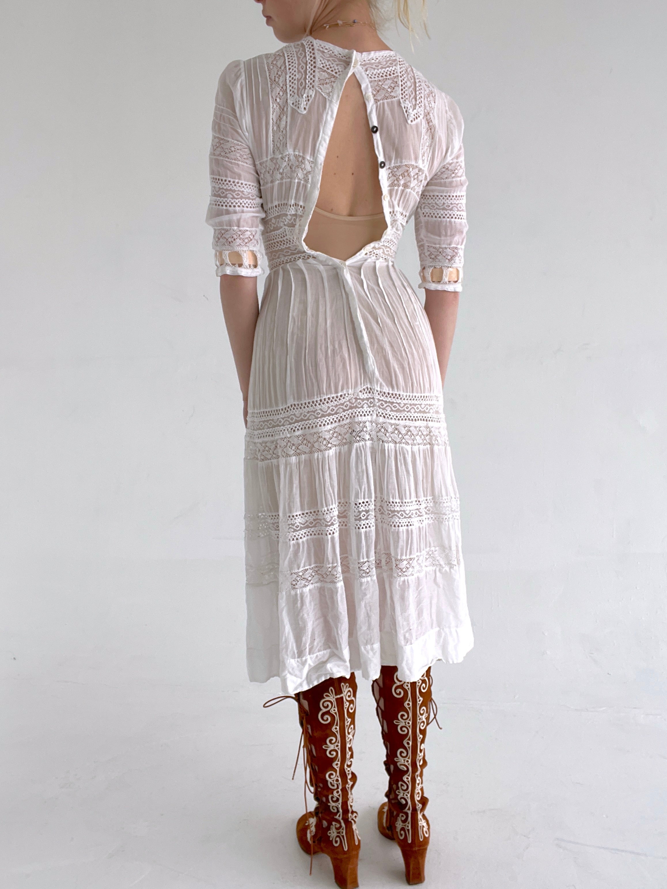 Edwardian 3/4 Sleeve White Cotton Lace Lawn Dress