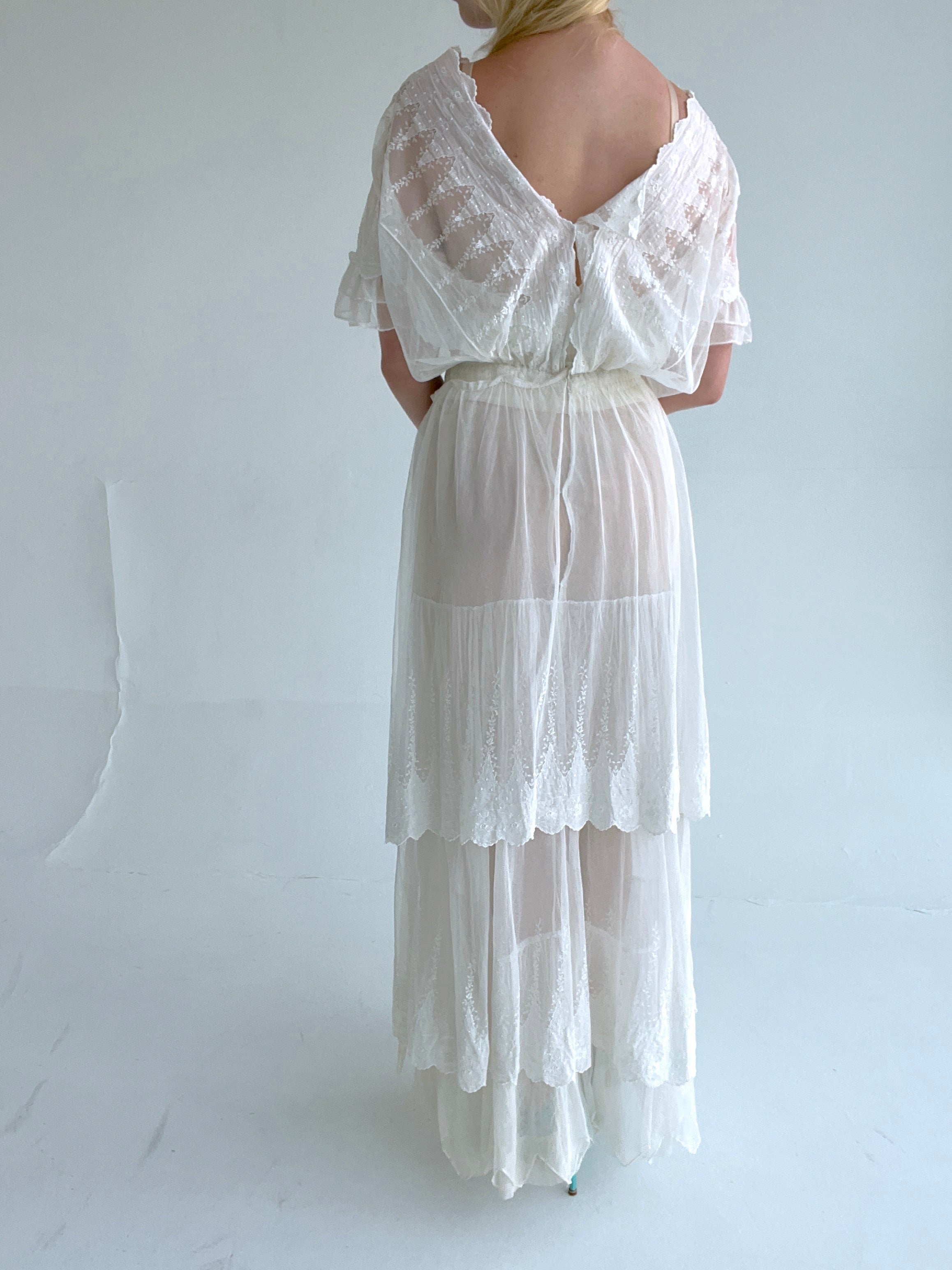 Antique 1920's White Embroidered Net Gown