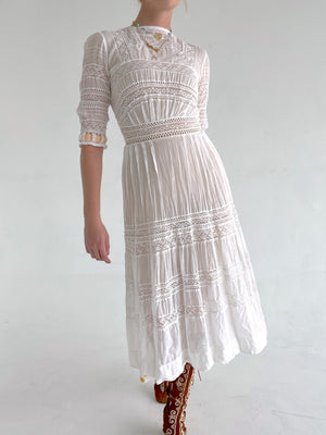 Edwardian 3/4 Sleeve White Cotton Lace Lawn Dress