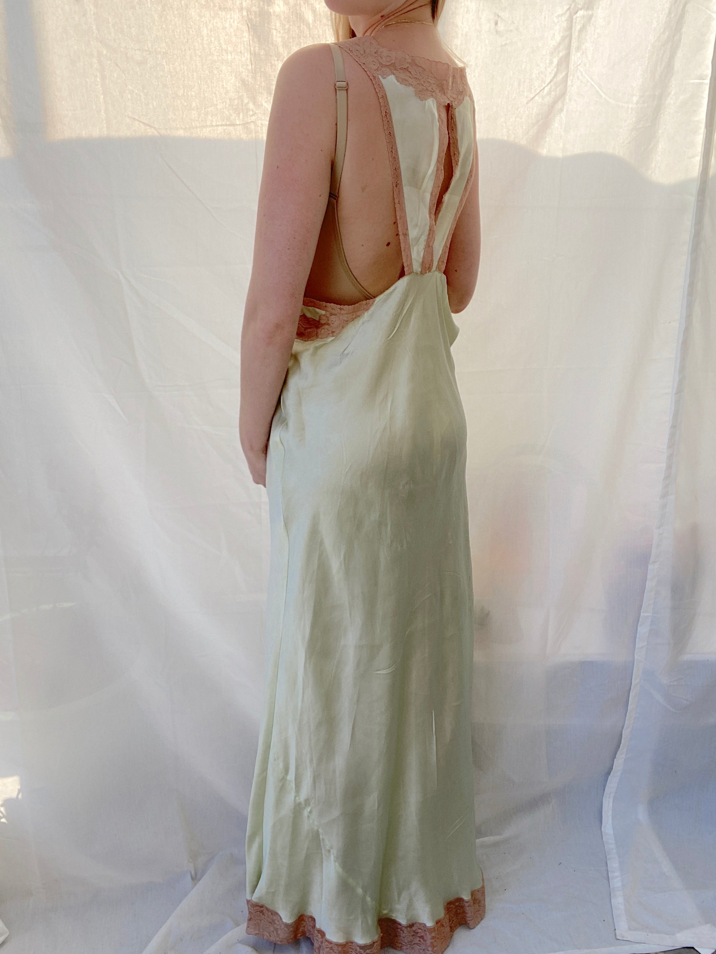 1930's Mint Green Slip with Cream Lace