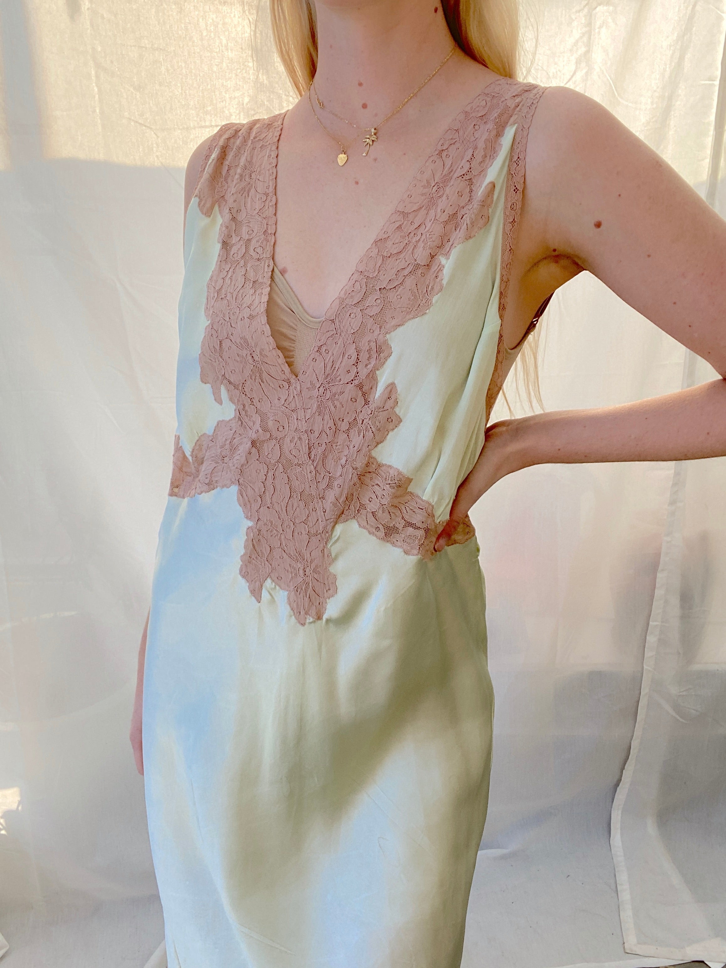1930's Mint Green Slip with Cream Lace