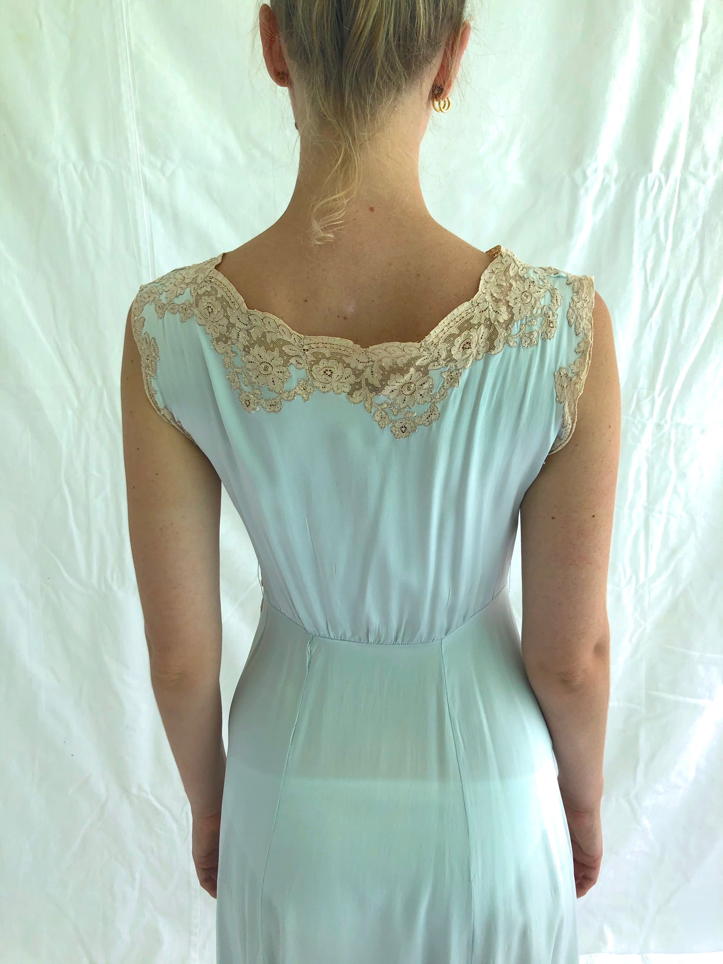 1940's Aqua Silk Dress with Cream Lace Inserts