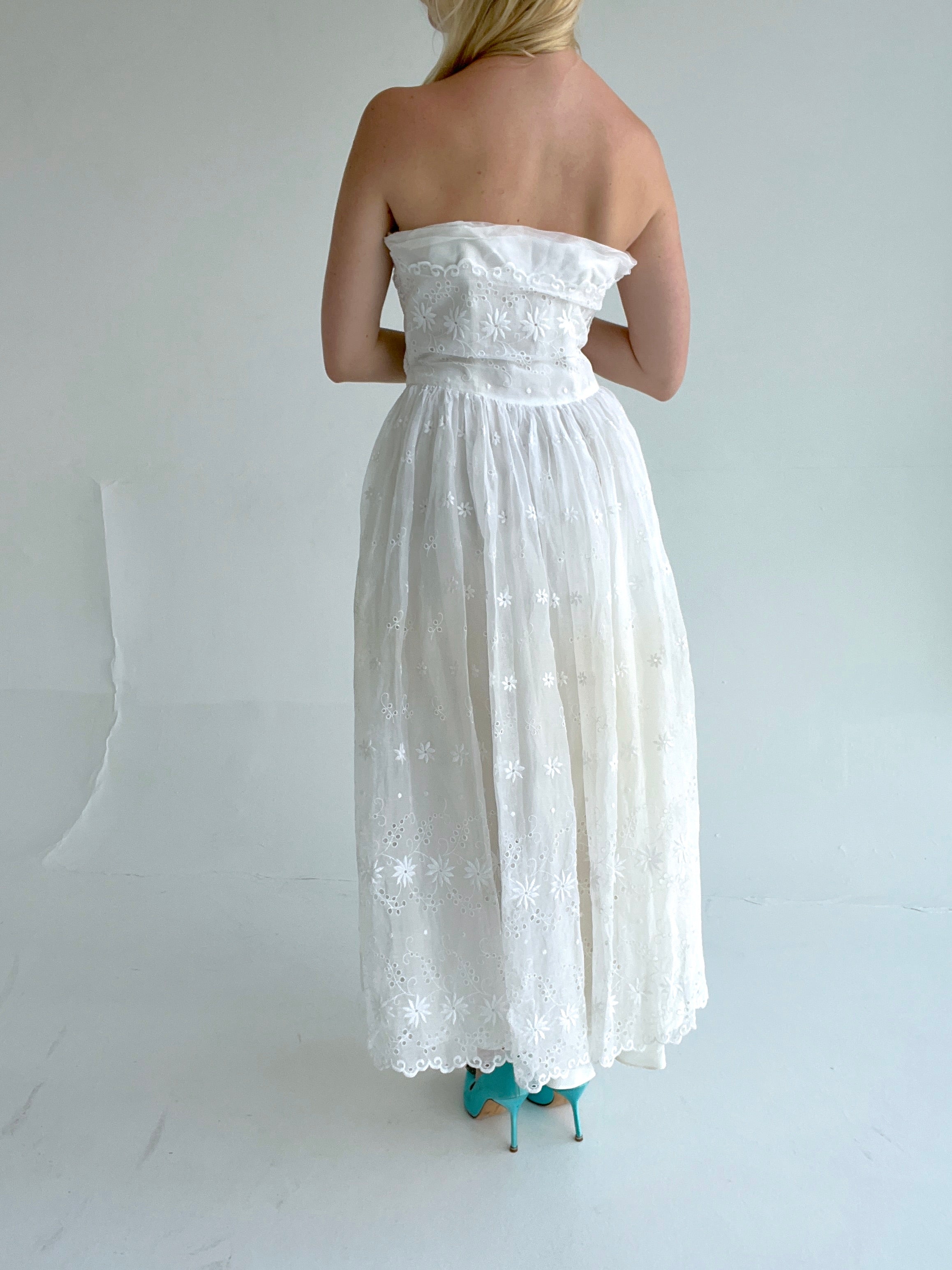 1930's White Strapless Embroidered Organza Gown