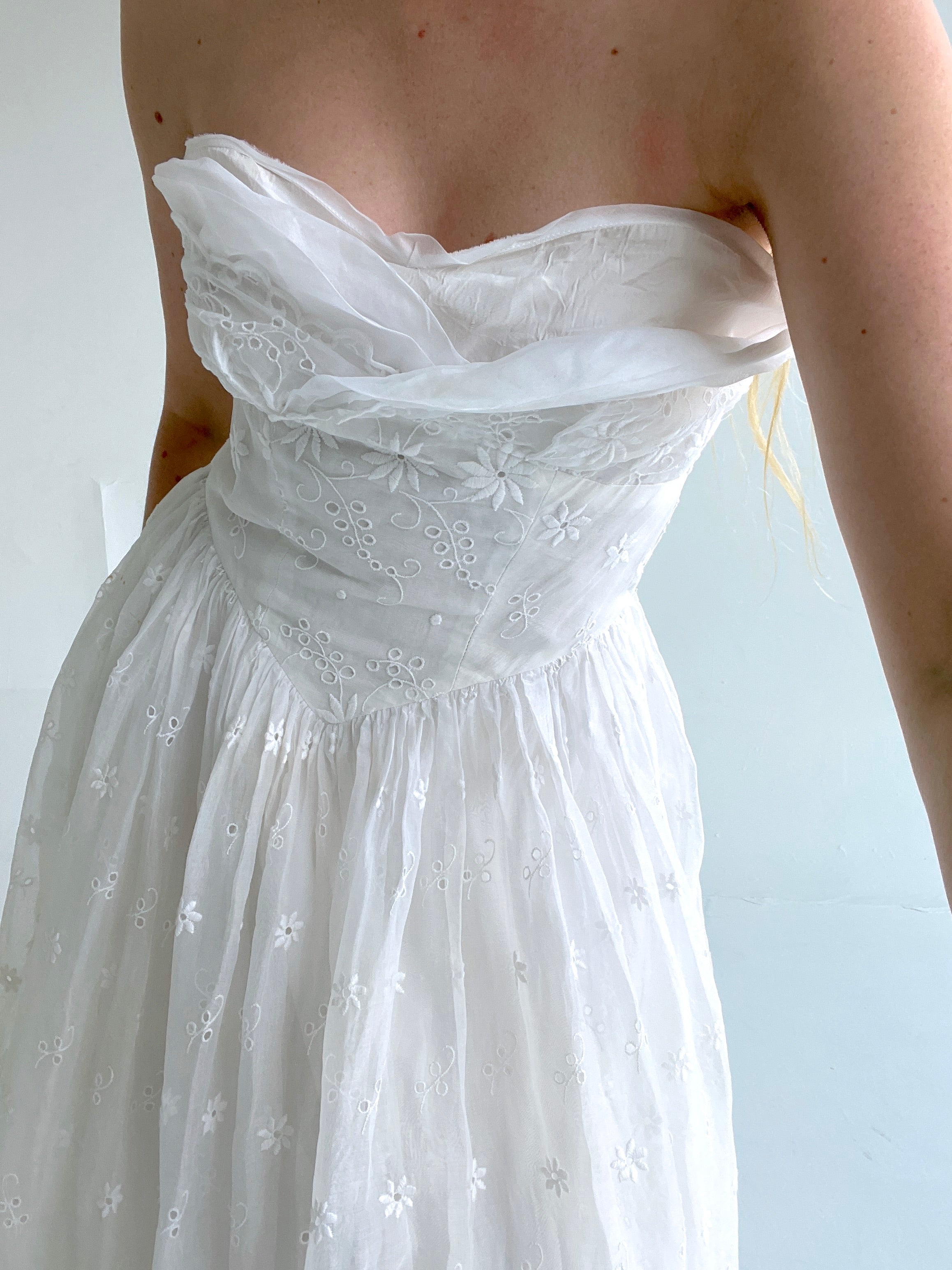 1930's White Strapless Embroidered Organza Gown