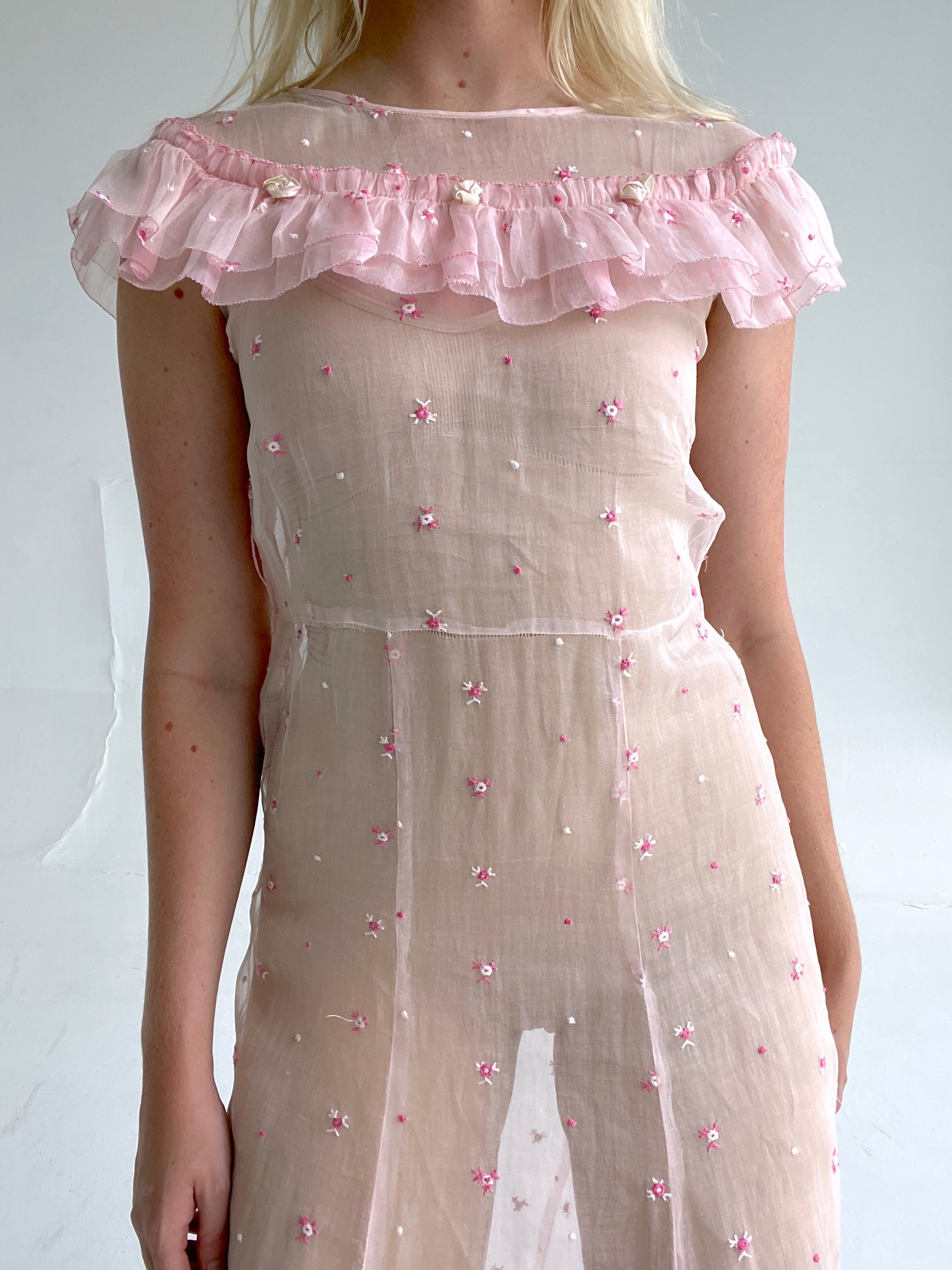 1930's Floral Embroidered Pink Organza Gown