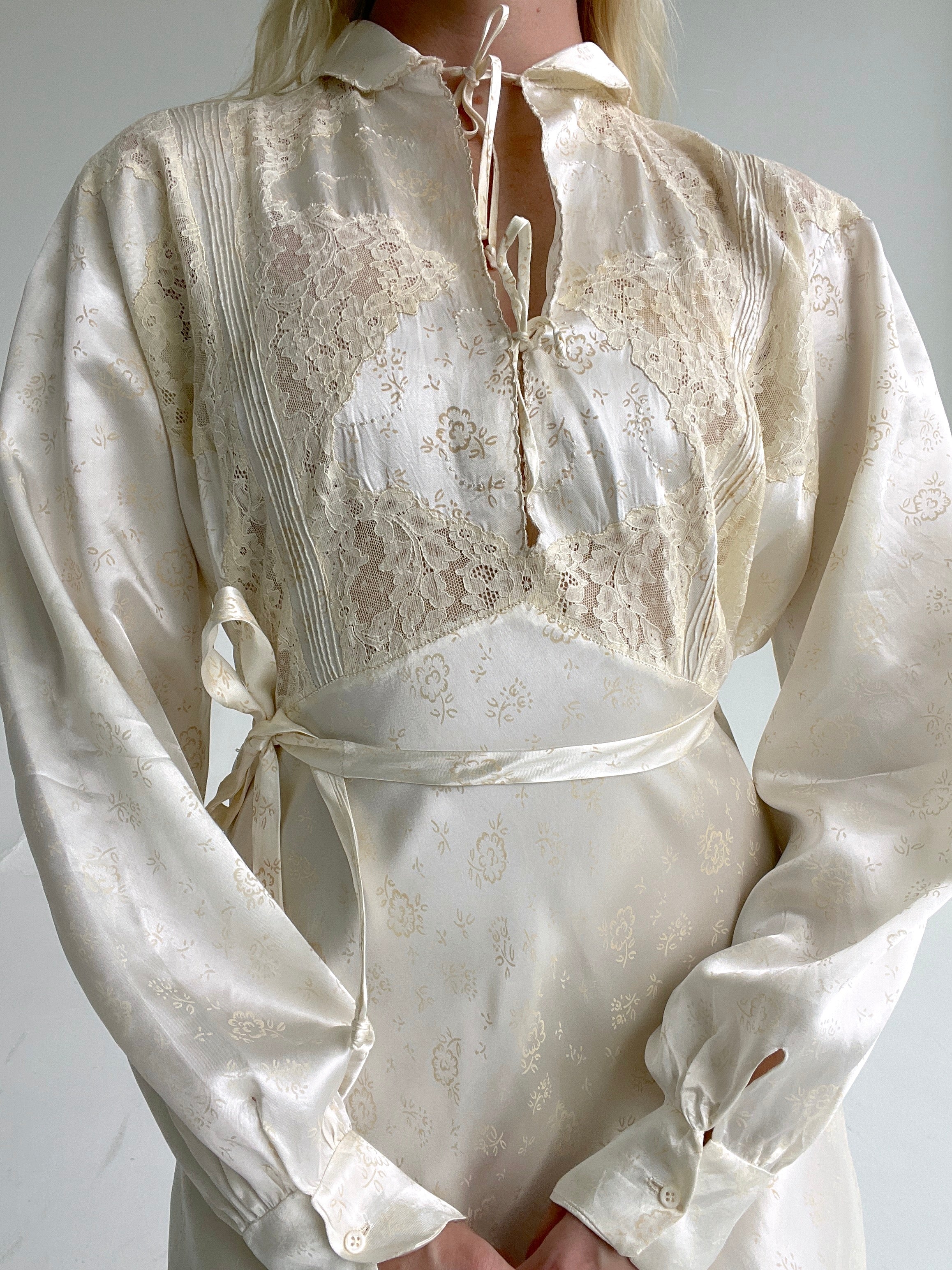 1930's Long Sleeve Floral Print Cream Silk Dress