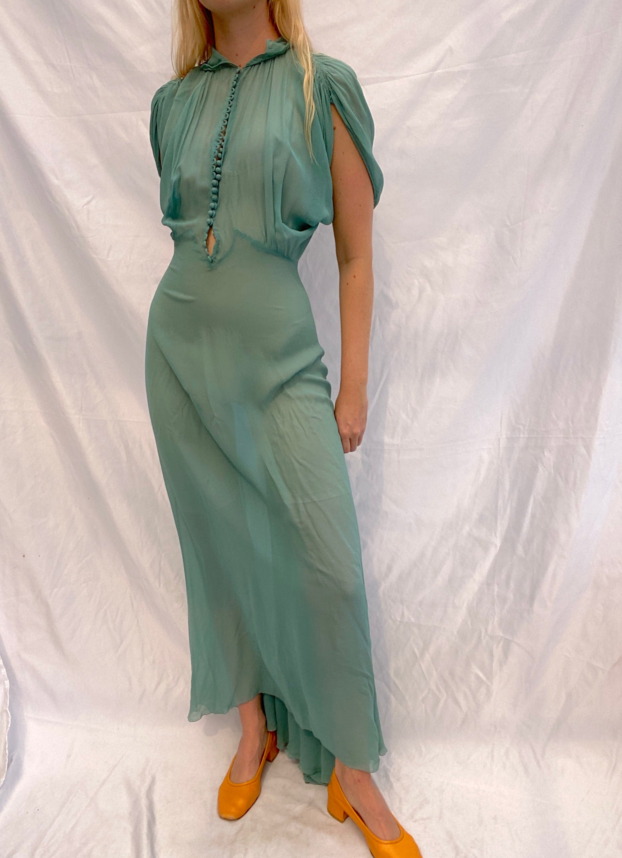 1930's Sea Foam Chiffon Gown Eveliina Vintage 1930's Sea Foam Chiffon Gown Eveliina Vintage