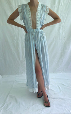 1930's White Cotton Duster with Blue Stripes