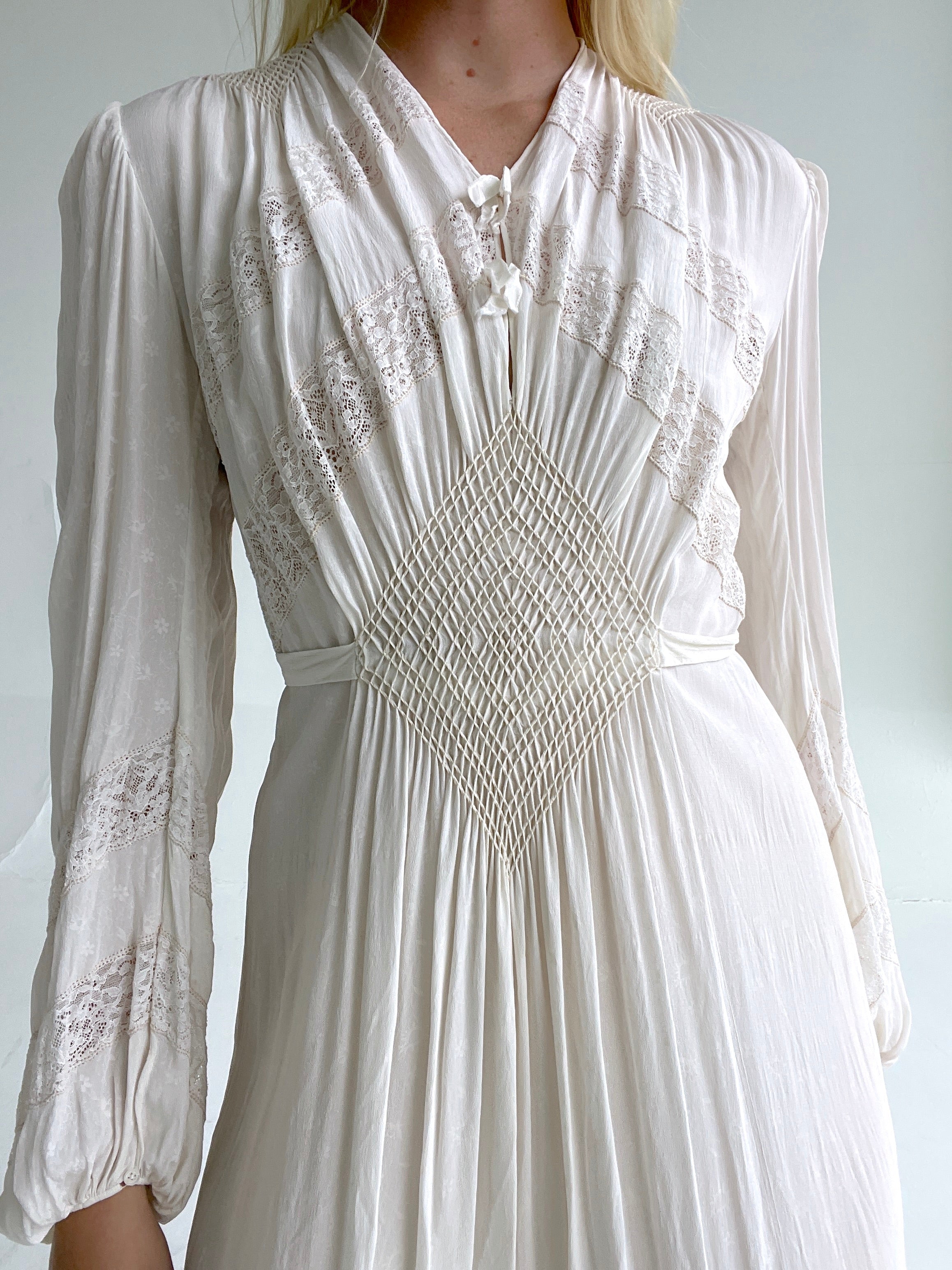 1930's Cream Silk Long Balloon Sleeve Dress