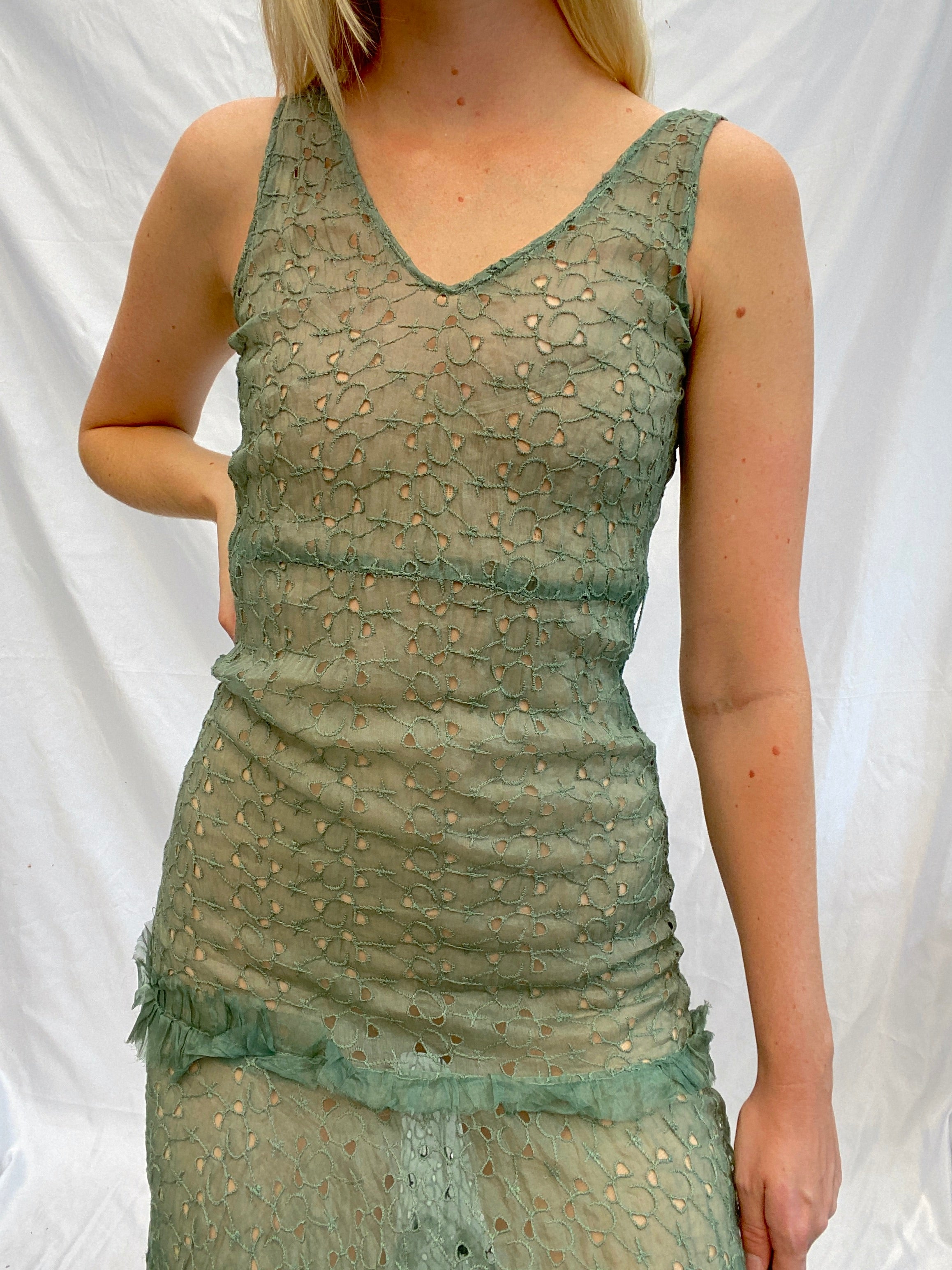 Hand Dyed Army Green Eyelet Dress