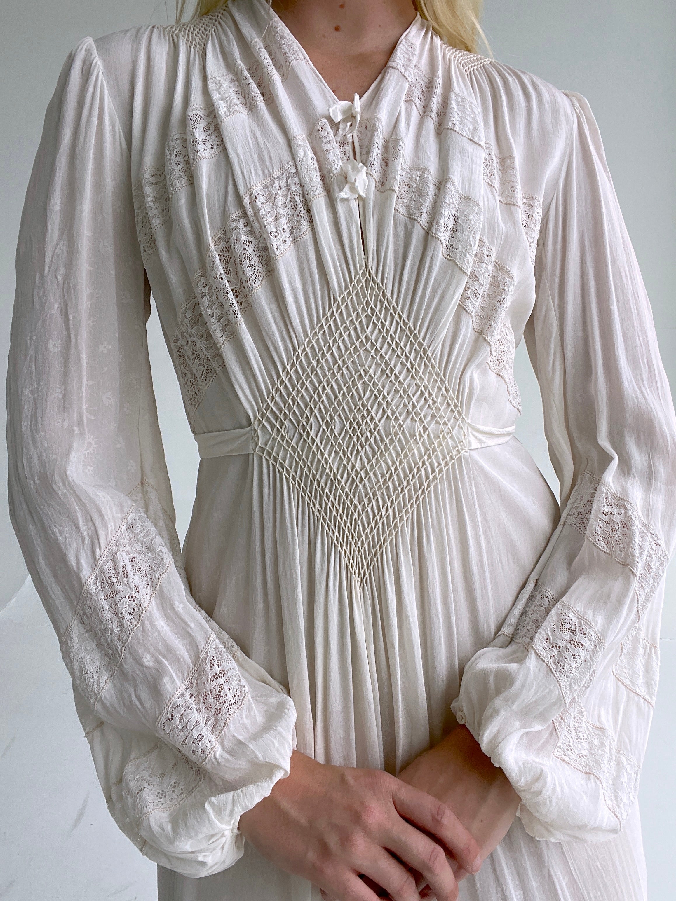 1930's Cream Silk Long Balloon Sleeve Dress Eveliina Vintage 1930's Cream Silk Long Balloon Sleeve Dress Eveliina Vintage