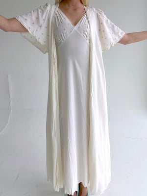 1970's White Slip and Robe Silk Set with Floral Eyelet