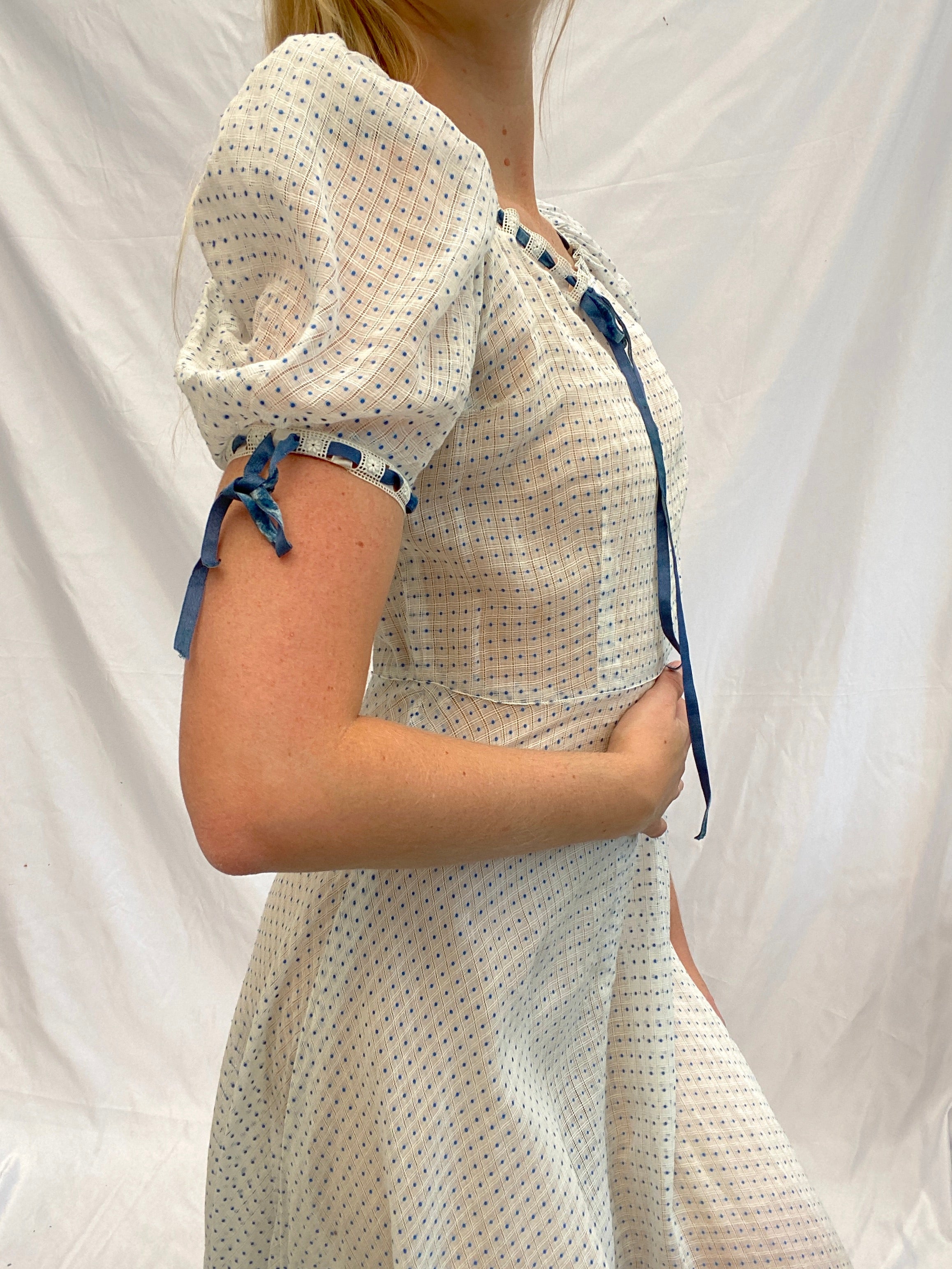 1930's White and Blue Swiss Dot Gown