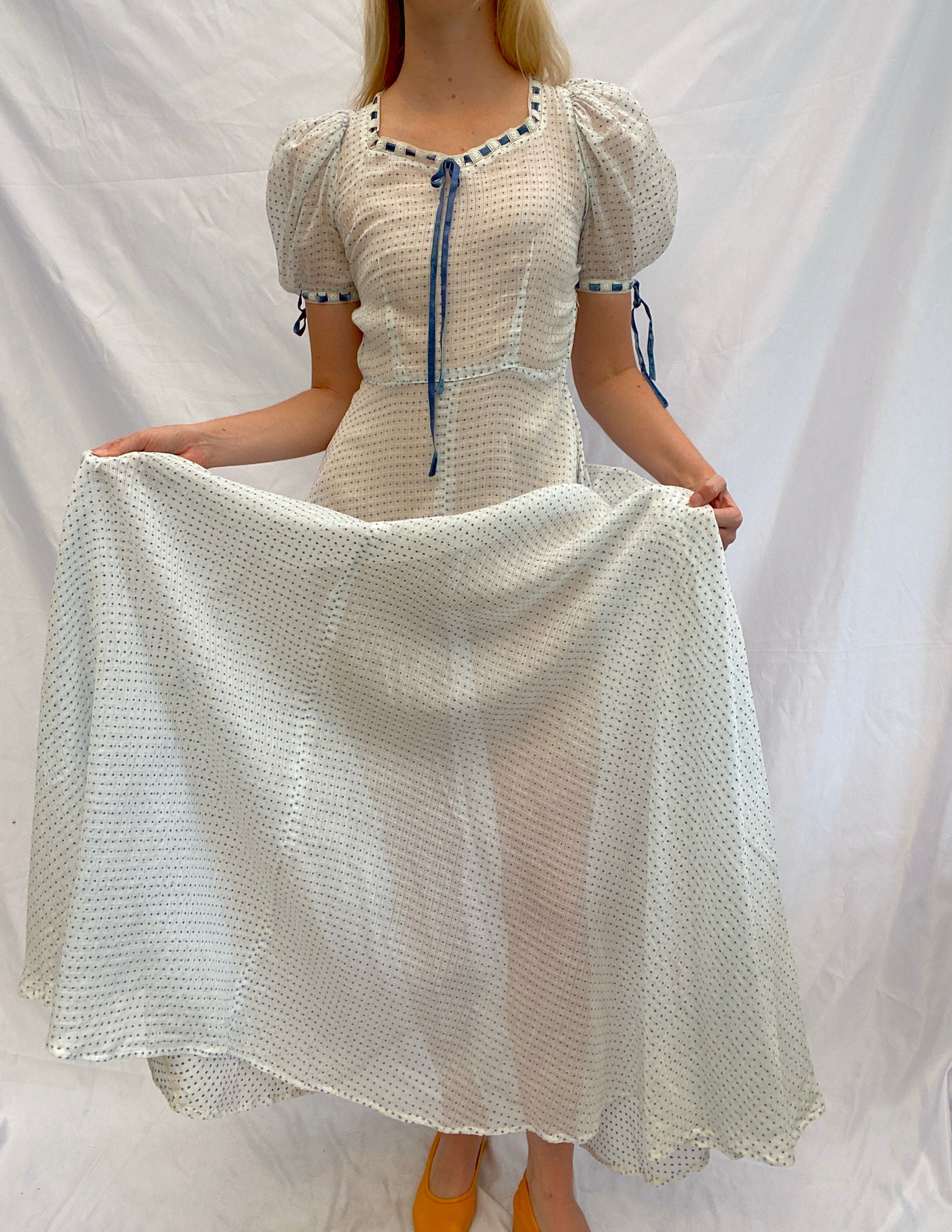 1930's White and Blue Swiss Dot Gown