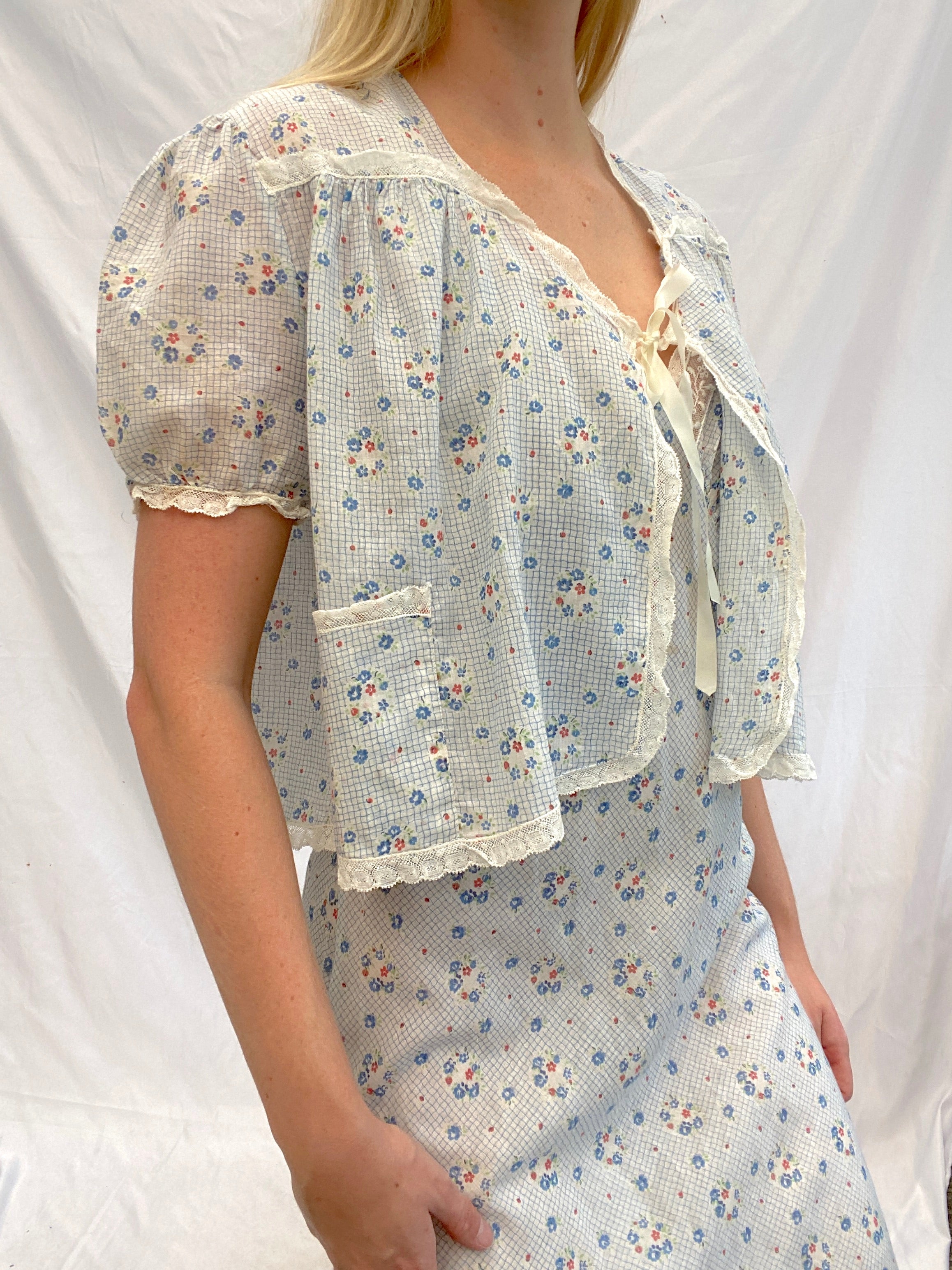 1930's Red, White and Blue Floral Print Cotton Slip and Bolero Set