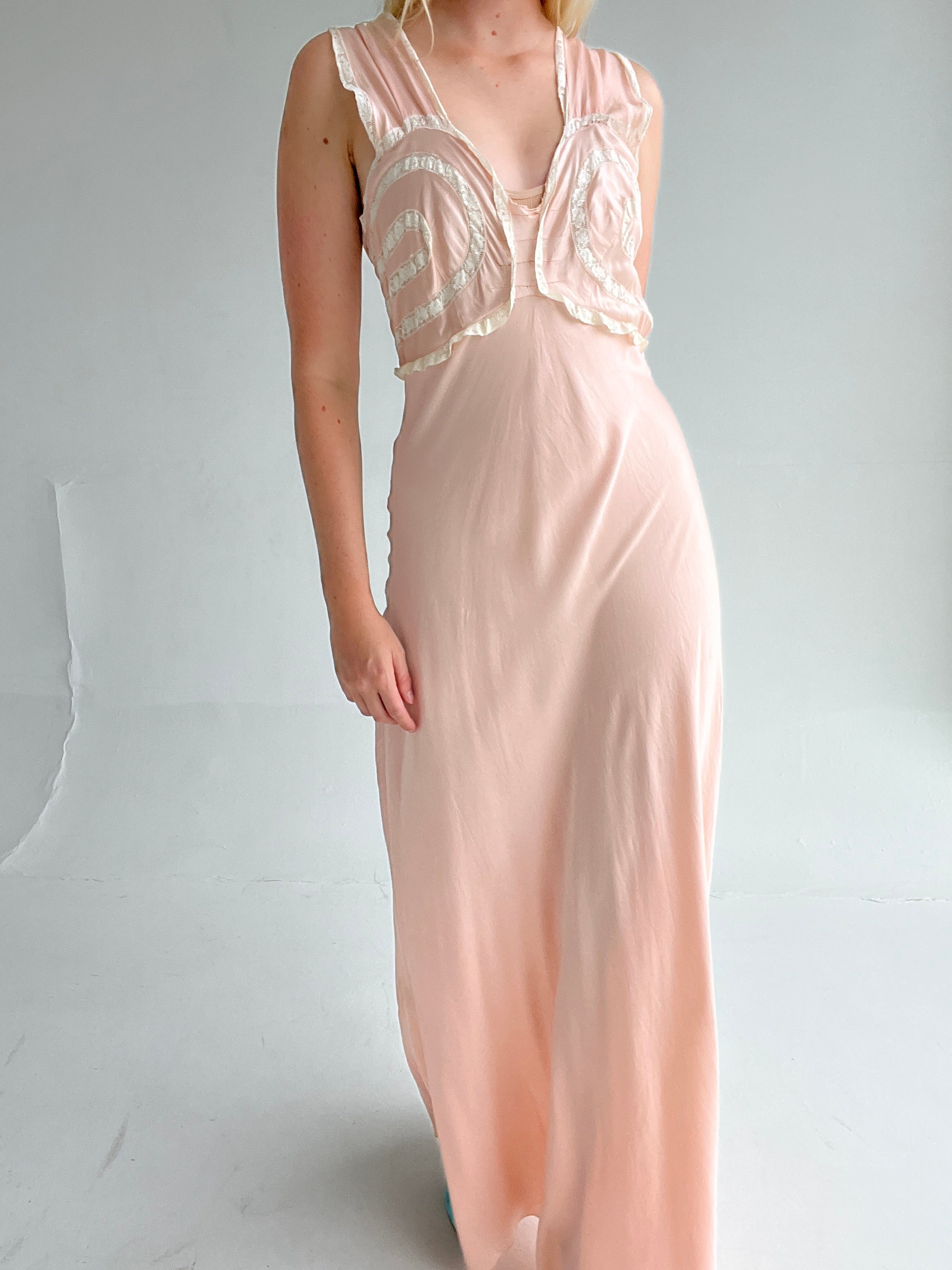 1930's Pink Silk Slip Dress with White Lace Eveliina Vintage 1930's Pink Silk Slip Dress with White Lace Eveliina Vintage