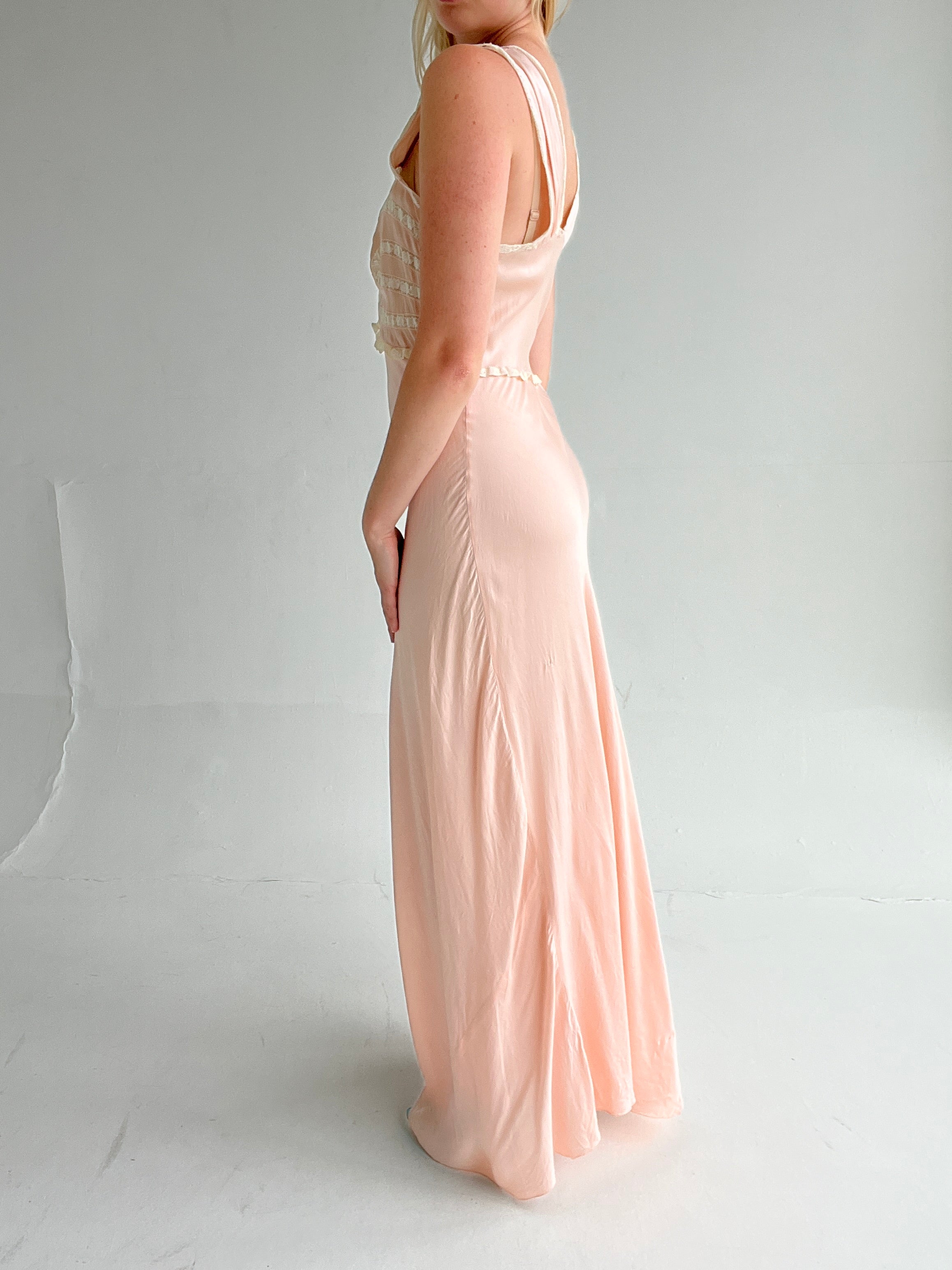 1930's Pink Silk Slip Dress with White Lace Eveliina Vintage 1930's Pink Silk Slip Dress with White Lace Eveliina Vintage
