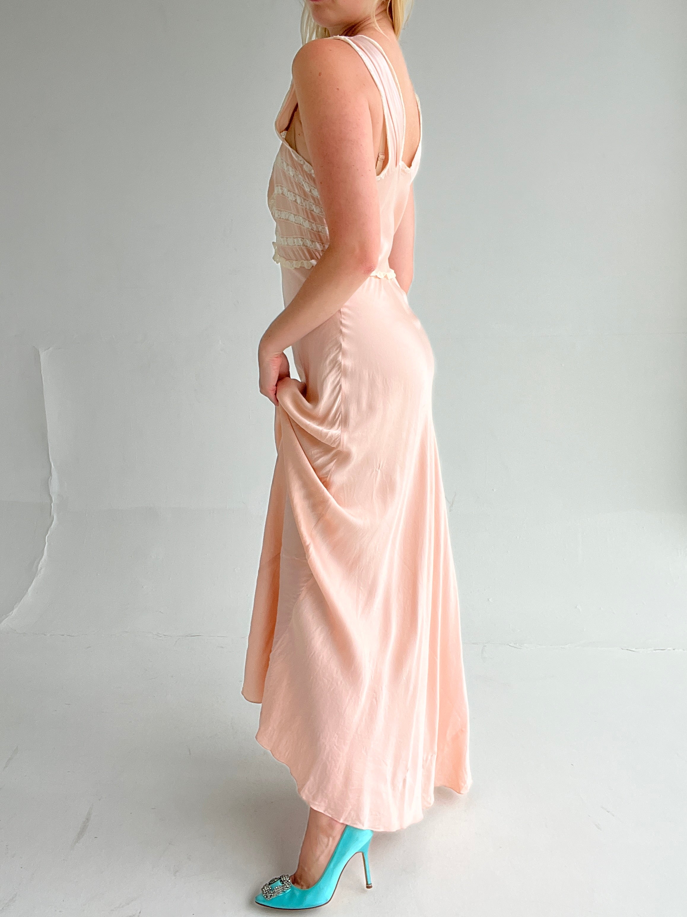 1930's Pink Silk Slip Dress with White Lace