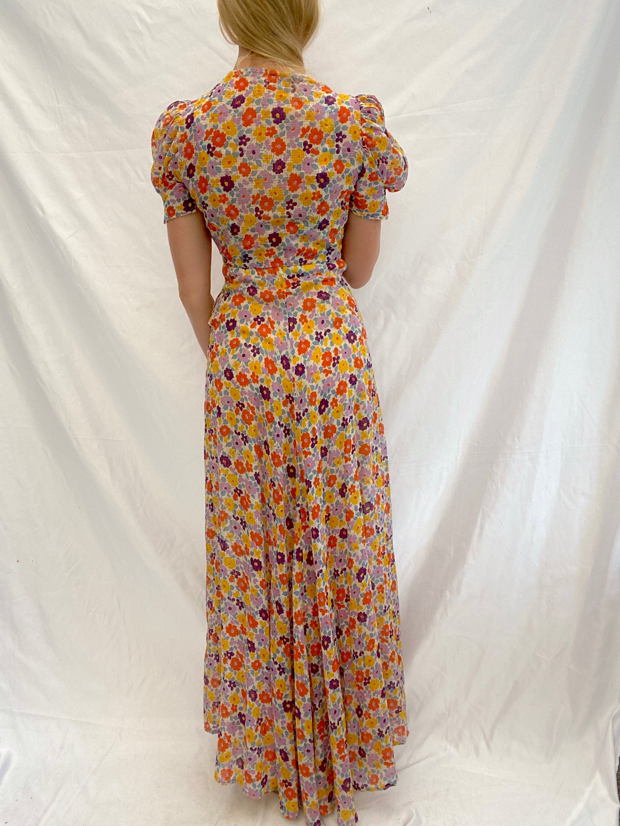1930's Purple, Lilac and Orange Floral Print Dress with Matching Boler –  Eveliina Vintage