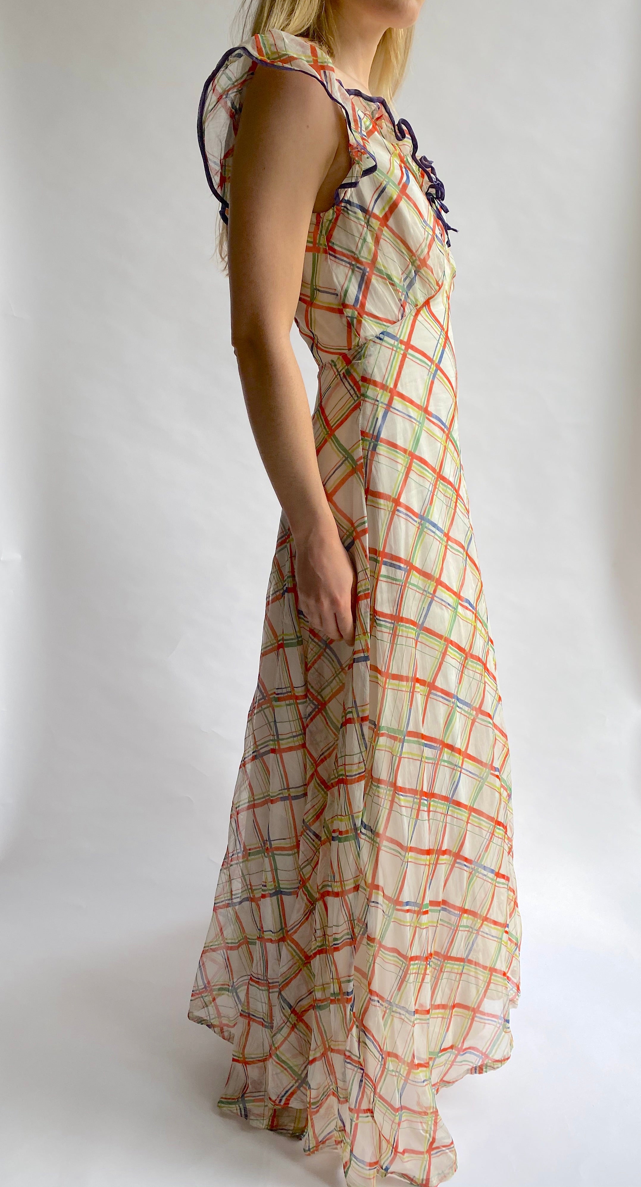 1930's Orange, Lime and Blue Plaid Organza Summer Garden Party Dress