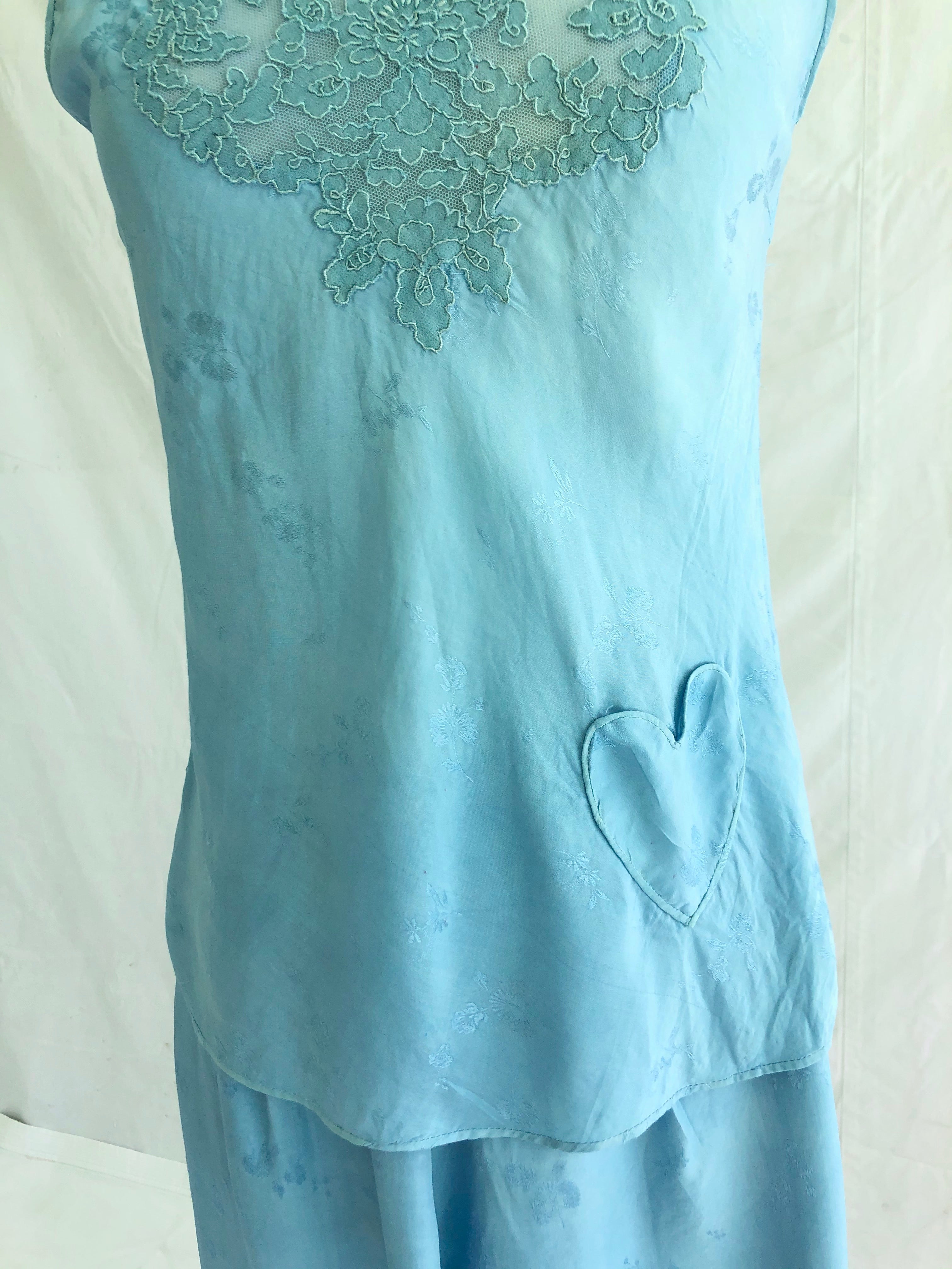 1950's Sky Blue Silk Pajama 2-Piece Set with Heart Pocket