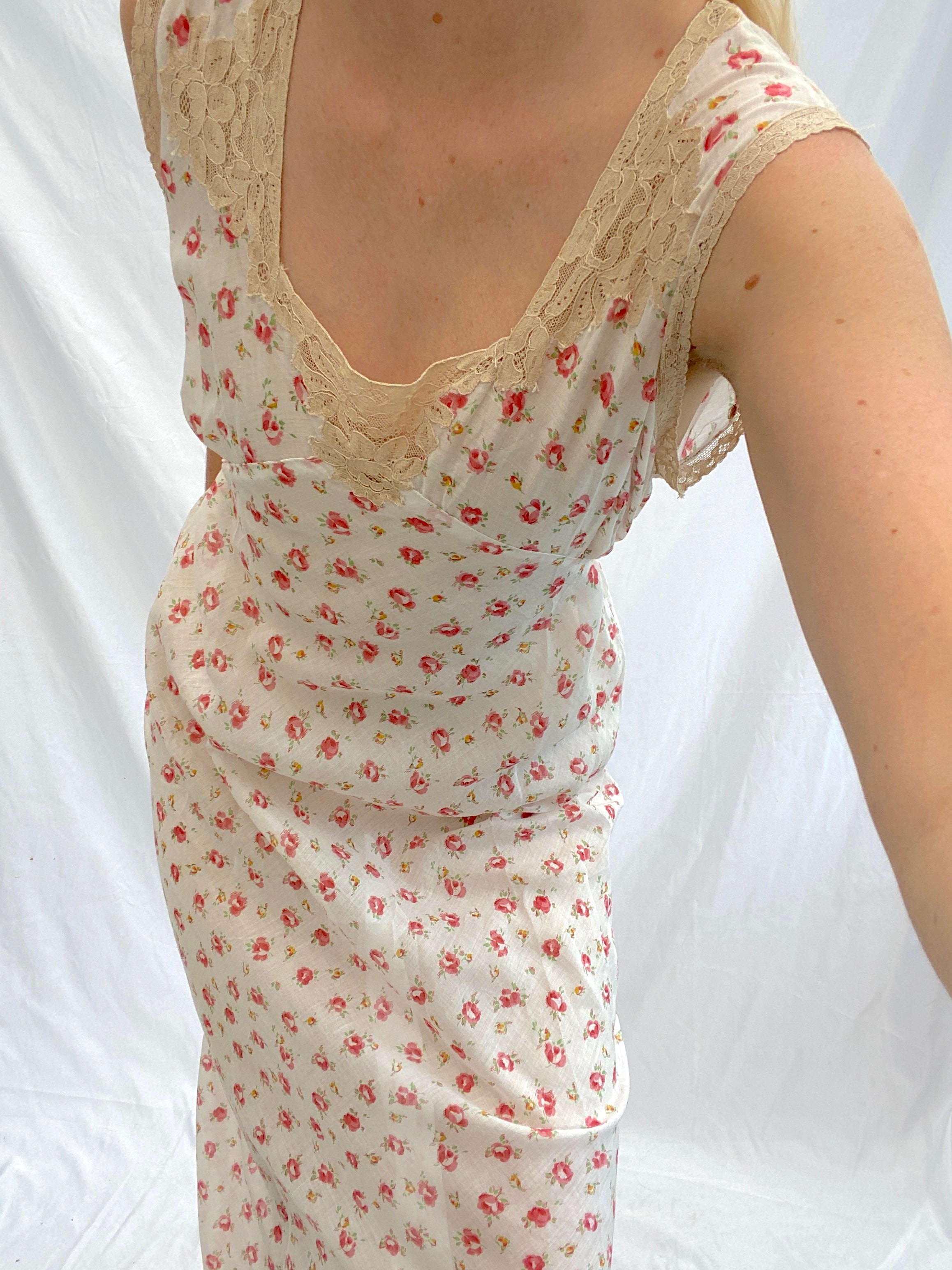 1930's Dainty Rose Print Cotton Slip Dress 1930's Dainty Rose Print Cotton Slip Dress