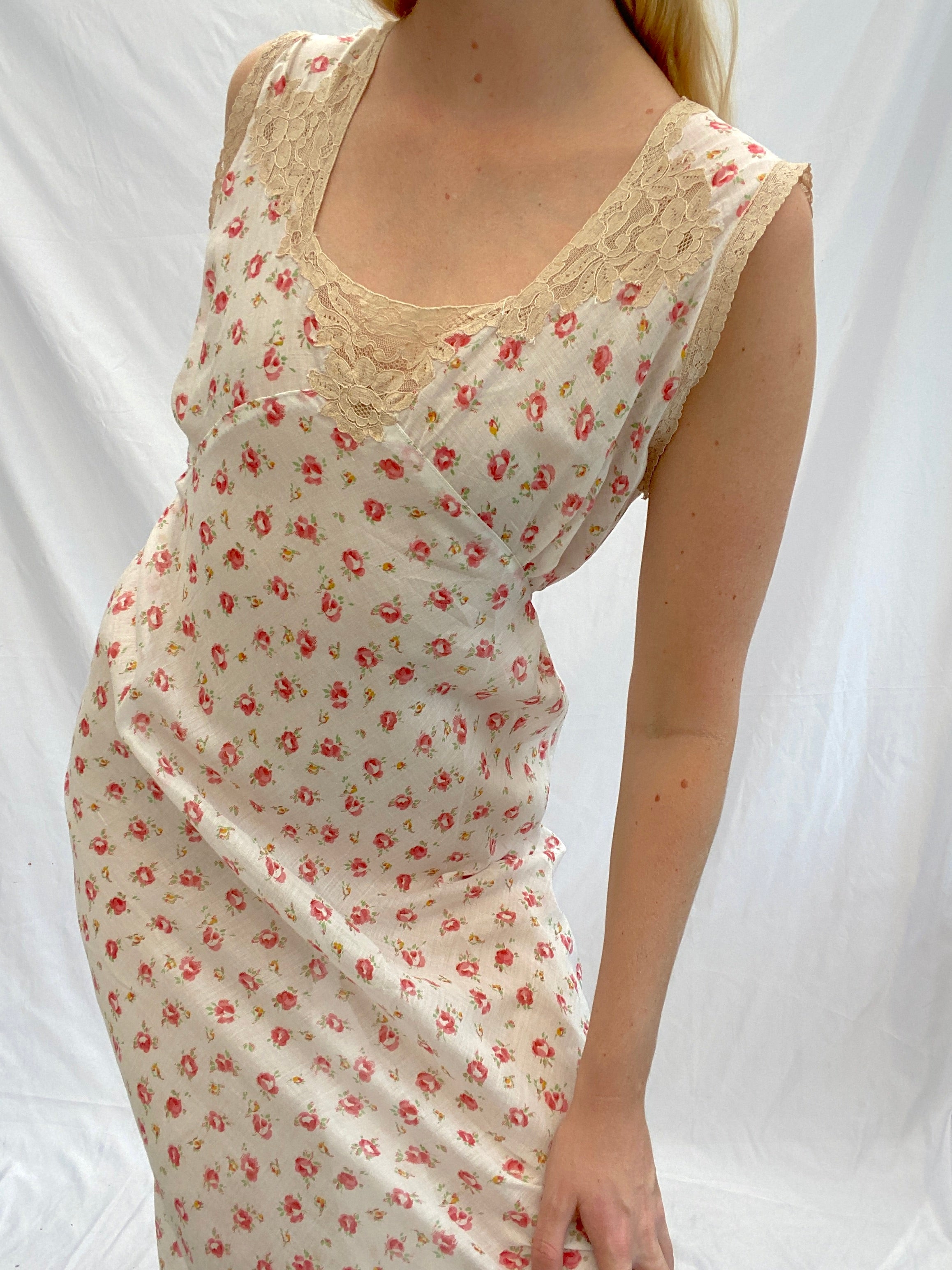 1930's Dainty Rose Print Cotton Slip Dress