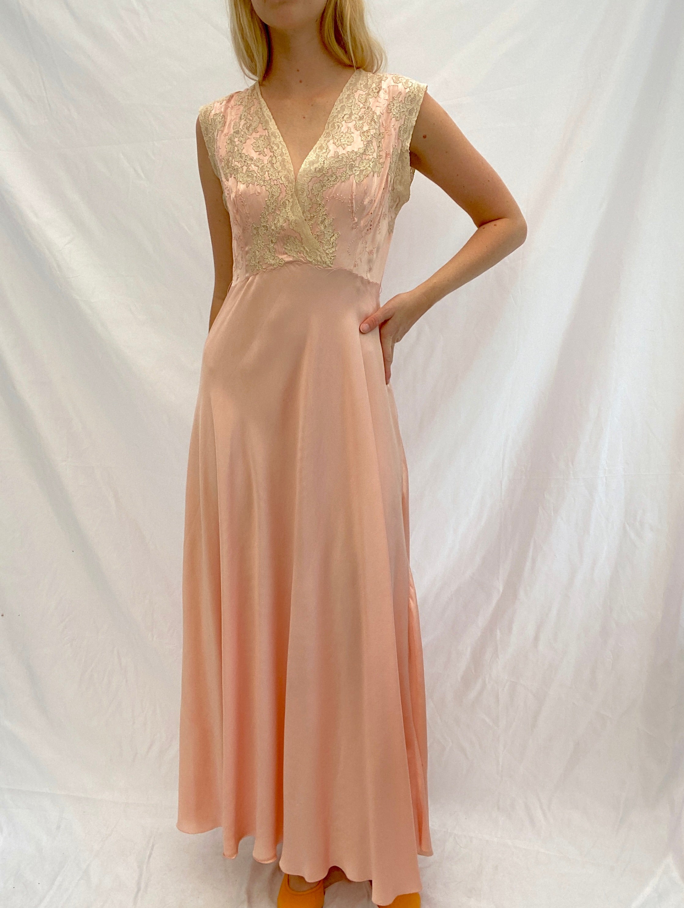 Pink Silk Slip Dress with Beautiful Cream Lace and Embroidery