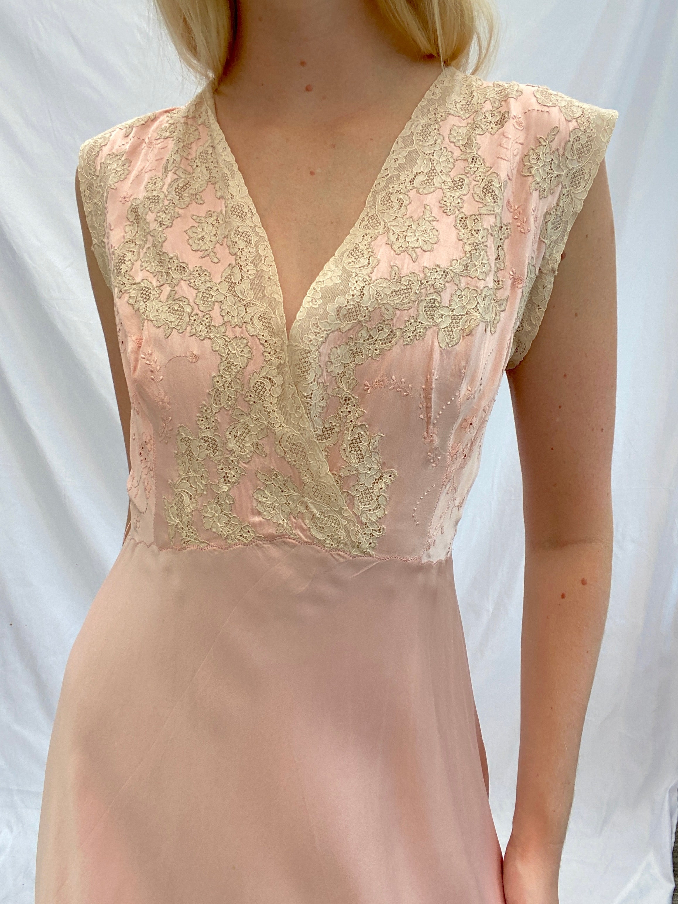 Pink Silk Slip Dress with Beautiful Cream Lace and Embroidery