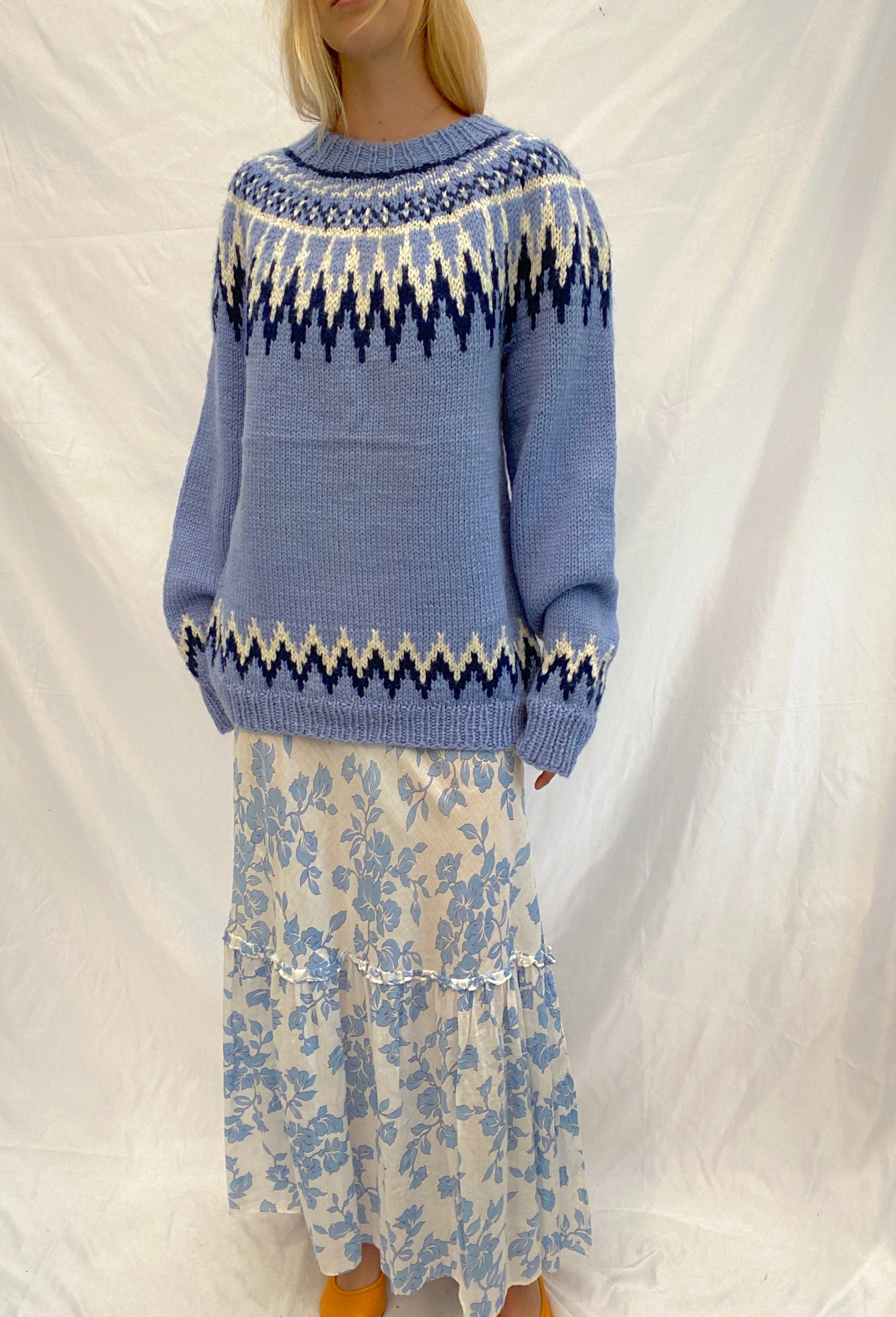 Blue and White Nordic Knit Sweater