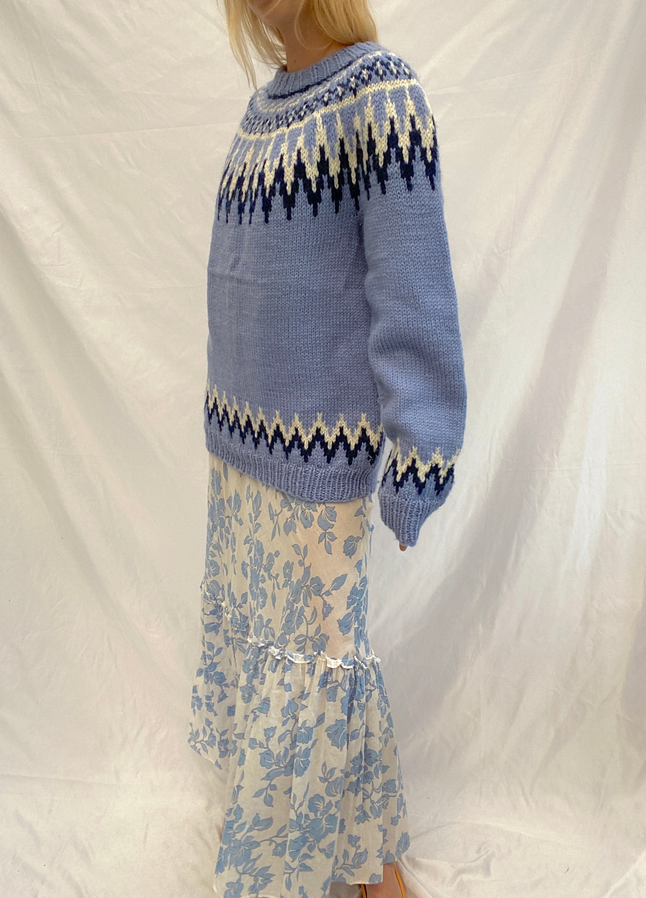 Blue and White Nordic Knit Sweater