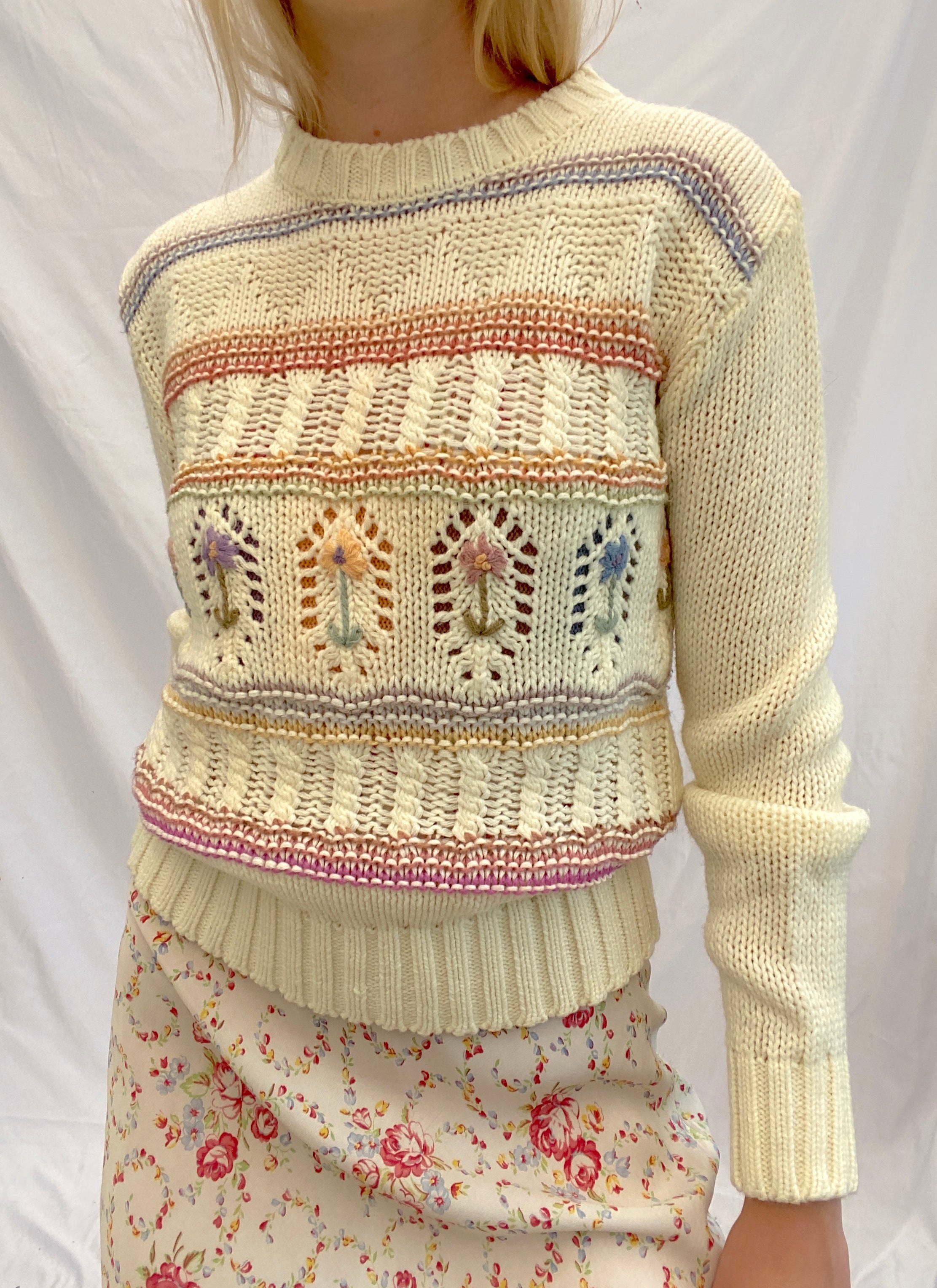 Cream Knit Sweater with Floral Pattern