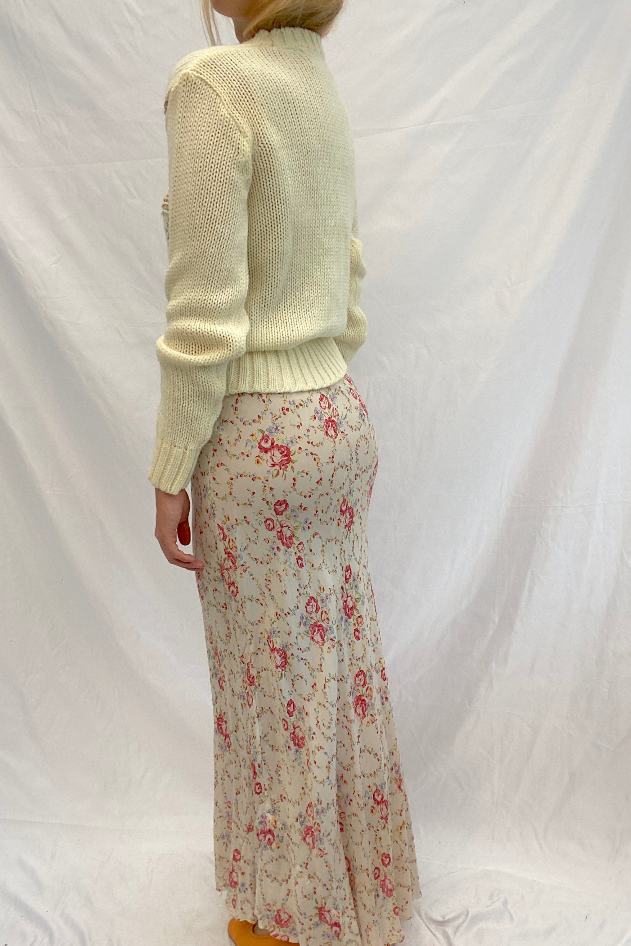 Cream Knit Sweater with Floral Pattern